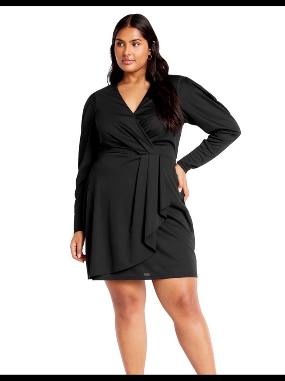 City Chic Black Wrap-Front Long Sleeve Dress